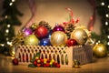 Basket with colorful Christmas balls and pine cones Royalty Free Stock Photo