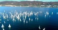 Regatta in Gelendzhik Bay. A lot of small one-and two-person yachts jostle in the Bay with a light wind. The view from