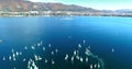 Regatta in Gelendzhik Bay. A lot of small one-and two-person yachts jostle in the Bay with a light wind. The view from