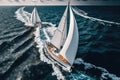 Regatta sailing ship yachts with white sails at opened sea in windy condition. AI Generation