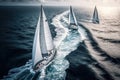 Regatta sailing ship yachts with white sails at opened sea in windy condition. AI Generation