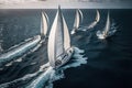 Regatta sailing ship yachts with white sails at opened sea in windy condition. AI Generation