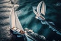 Regatta sailing ship yachts with white sails at opened sea in windy condition. AI Generation