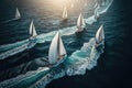 Regatta sailing ship yachts with white sails at opened sea in windy condition. AI Generation