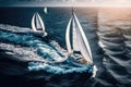 Regatta sailing ship yachts with white sails at opened sea in windy condition. AI Generation