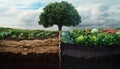 Regenerative agriculture, improving soil health and biodiversity concept with two side fields Royalty Free Stock Photo