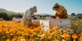 Regenerative Farming. Beekeeper Tending to Beehive in Wildflower Meadow.