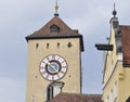 Regensburg city town hall and clock closeup. The clock tower of the Old Town Hall, Germany. Royalty Free Stock Photo