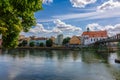 Panoramic view on beautiful Stone Bridge, Cathedral and Old Town. River Danube with colorful reflection, Regensburg Royalty Free Stock Photo