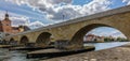 Panoramic view of Historical Stone Bridge and Bridge tower in Regensburg on river Danube, Regensburg, Bavaria, Germany