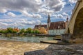 Panoramic view of Historical Stone Bridge and Bridge tower in Regensburg on river Danube, Regensburg, Bavaria, Germany