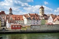 Regensburg, Germany: View from the River Danube of the Old Hauses and Towers Royalty Free Stock Photo