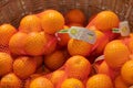Regensburg, Germany - 2021 02 05: Mesh nets full of oranges of brand dennree lying in basket in organic super market with german