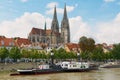 View to Regensburg cathedral and historical buildings with Danube river at the foreground in Regensburg, Germany. Royalty Free Stock Photo