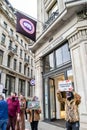REGENT STREET, ENGLAND- 17 April 2021: Animal rights activists protesting outside Canada Goose