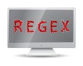 Regex of red polygons inscription from programming area on monitor screen of grey monoblock. Digital regular expressions are Royalty Free Stock Photo