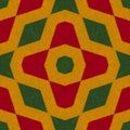 Reggae colors crochet knitted style background, top view. Collage with mirror reflection with rhombus. Seamless kaleidoscope monta Royalty Free Stock Photo