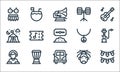 Reggae line icons. linear set. quality vector line set such as garlands, van, dj, dreadlocks, djembe, camping tent, necklace,
