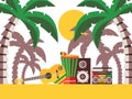 Reggae music beach party, vector illustration. Musical instruments on the sand under palm trees. Guitar and percussion