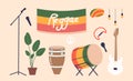 Reggae Music Elements Set. Flag, Microphone, Rastafarian Hat And Drum. Guitar, Tambourine, Houseplant And Lamps