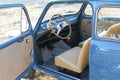 Reggio Emilia Italy : 2023 01 08 example of Vintage old car Fiat 750 in sugar paper blue color on a sunny day Royalty Free Stock Photo