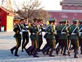 Regimented Chinese People`s Liberation Army soldiers march inside Forbidden City
