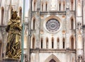 Regina Pacis Queen of Peace Statue in front of St. Joseph`s Cathedral, Hanoi, Vietnam. St. Joseph`s Cathedral is a Neogothic