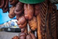 Serbian Sremski Kulen Kobasica sausage, handmade, hanging and drying in coutryside of Serbia. Kulen is traditional pork sausage