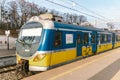 Regional new blue yellow train arriving to gdansk glowny railway station in Poland, Gdansk February 9, 2020. SKM regional railway Royalty Free Stock Photo