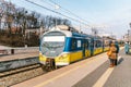 Regional new blue yellow train arriving to gdansk glowny railway station in Poland, Gdansk February 9, 2020. SKM regional railway Royalty Free Stock Photo