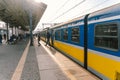 Regional new blue yellow train arriving to gdansk glowny railway station in Poland, Gdansk February 9, 2020. SKM regional railway Royalty Free Stock Photo