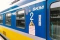 Regional new blue yellow train arriving to gdansk glowny railway station in Poland, Gdansk February 9, 2020. SKM regional railway Royalty Free Stock Photo