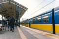 Regional new blue yellow train arriving to gdansk glowny railway station in Poland, Gdansk February 9, 2020. SKM regional railway Royalty Free Stock Photo