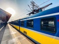 Regional new blue yellow train arriving to gdansk glowny railway station in Poland, Gdansk February 9, 2020. SKM regional railway Royalty Free Stock Photo