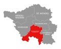 Regionalverband Saarbruecken red highlighted in map of Saarland Germany DE