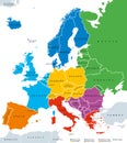 Regions of Europe political map, single countries, English labeling