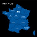 France, dark political map with regions of Metropolitan France Royalty Free Stock Photo