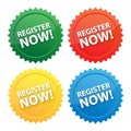 Register now! Bright sticker set, vector illustration Royalty Free Stock Photo