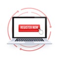 Register now with cursor button. Internet icon. Pointer click icon. Vector stock illustration. Royalty Free Stock Photo