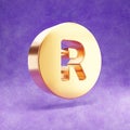 Registered icon. Gold glossy Registered symbol isolated on violet velvet background.