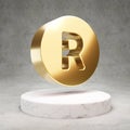 Registered icon. Shiny golden Recycle symbol on white marble podium