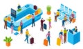 Registration airport desk, people receive check in baggage, character together wait plane 3d isometric vector