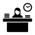 Registration icon vector female person avatar symbol with table for office work in flat color glyph pictogram