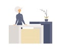 Registration table flat vector illustrations. Smiling young woman, friendly receptionist cartoon character. Customer