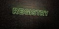 REGISTRY -Realistic Neon Sign on Brick Wall background - 3D rendered royalty free stock image