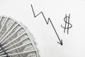 Regressive chart with the dollar symbol. A graph drawn with a marker on the Board with the line falling down. us dollar symbol. Th Royalty Free Stock Photo