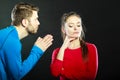 Regretful man husband apologizing woman wife. Royalty Free Stock Photo