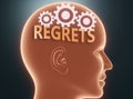 Regrets inside human mind - pictured as word Regrets inside a head with cogwheels to symbolize that Regrets is what people may