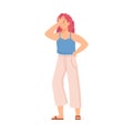 Regretting disappointed woman full length, flat vector illustration isolated.