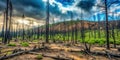 Regrowth after a forest fire resilience of nature in a burned landscape. Generative AI Royalty Free Stock Photo